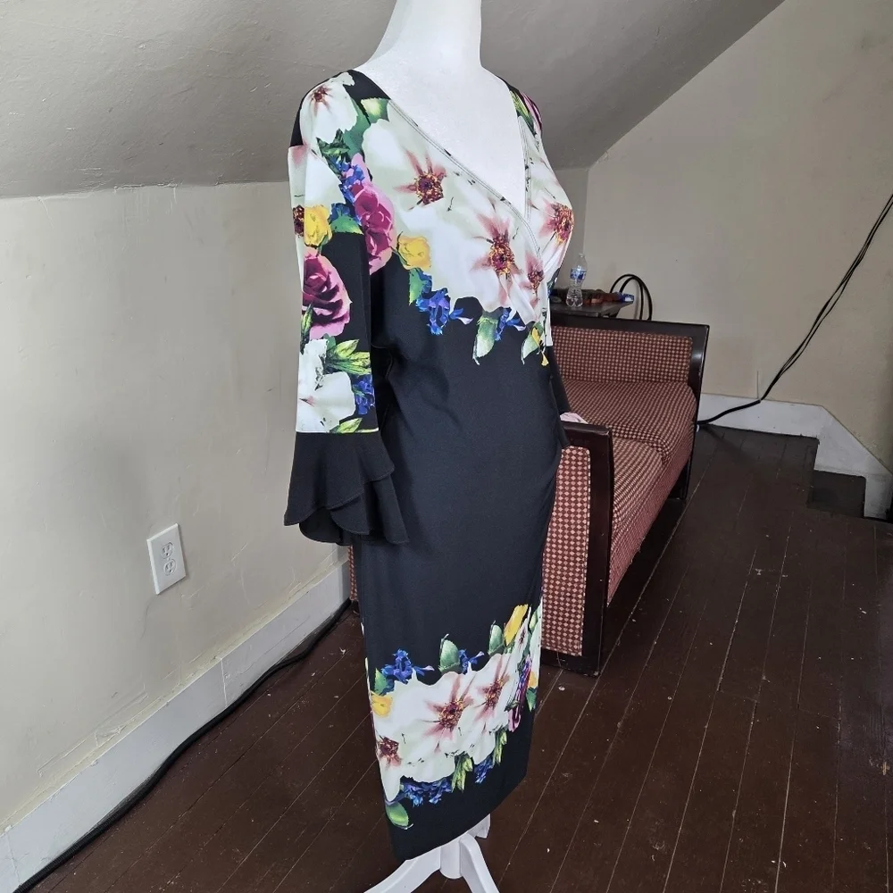 Joseph Ribkoff Floral Black Sheath Dress Women’s Size 10 Bell Sleeve V-Neck Midi